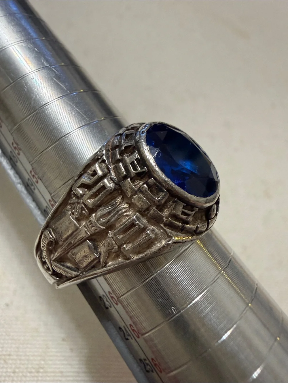 Sterling Silver Men's School Ring size 9.75 W/Deep Blue Oval Stone